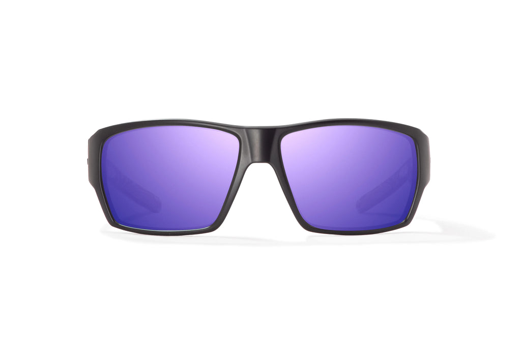 Front view of Black Matte - Temples for Change Vega Bajio wide body sunglasses, bio-based nylon frames with violet mirror polarized lenses, full wrap, large fit, premium built in sun ledge and flex hinges, ideal for fishing and outdoor use. 