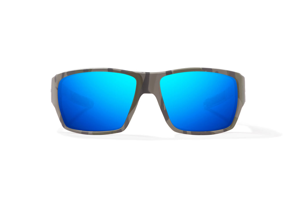 Front view of Army Green Bottomlands Vega in collaboration with Mossy Oak x Bajio wide body sunglasses, bio-based nylon frames with blue mirror polarized lenses, full wrap, large fit, premium built in sun ledge and flex hinges, ideal for fishing and outdoor use.