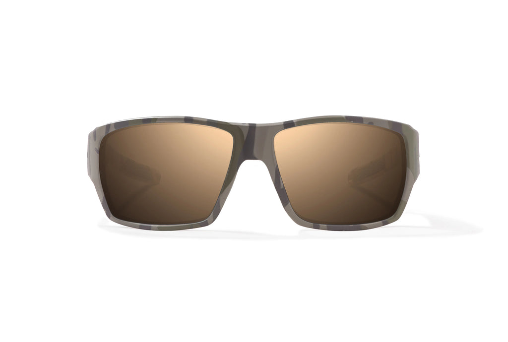 Front view of Army Green Bottomlands Vega in collaboration with Mossy Oak x Bajio wide body sunglasses, bio-based nylon frames with copper polarized lenses, full wrap, large fit, premium built in sun ledge and flex hinges, ideal for fishing and outdoor use.