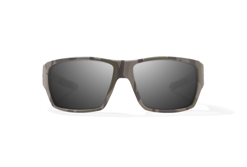 Front view of Army Green Bottomlands Vega in collaboration with Mossy Oak x Bajio wide body sunglasses, bio-based nylon frames with gray polarized lenses, full wrap, large fit, premium built in sun ledge and flex hinges, ideal for fishing and outdoor use.