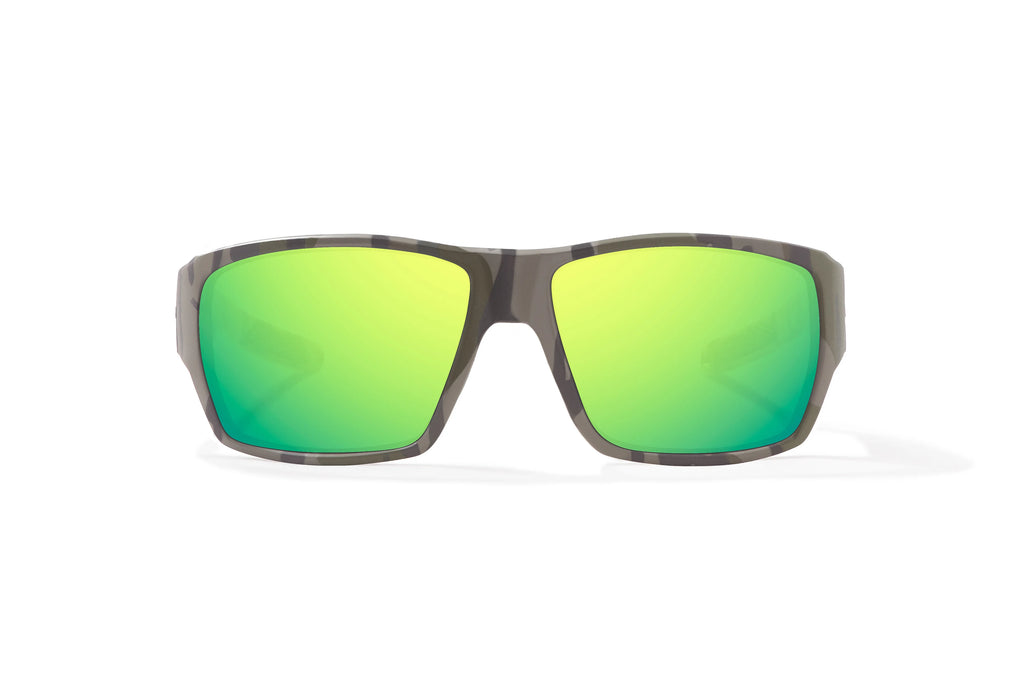 Front view of Army Green Bottomlands Vega in collaboration with Mossy Oak x Bajio wide body sunglasses, bio-based nylon frames with green mirror polarized lenses, full wrap, large fit, premium built in sun ledge and flex hinges, ideal for fishing and outdoor use.