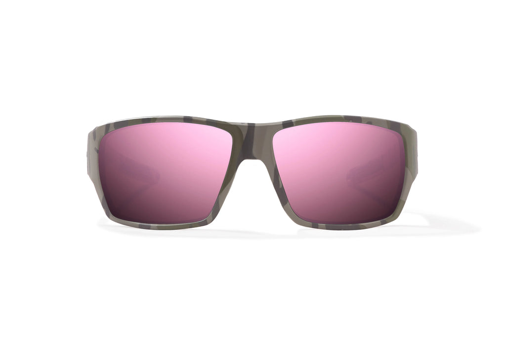 Front view of Army Green Bottomlands Vega in collaboration with Mossy Oak x Bajio wide body sunglasses, bio-based nylon frames with rose mirror polarized lenses, full wrap, large fit, premium built in sun ledge and flex hinges, ideal for fishing and outdoor use.