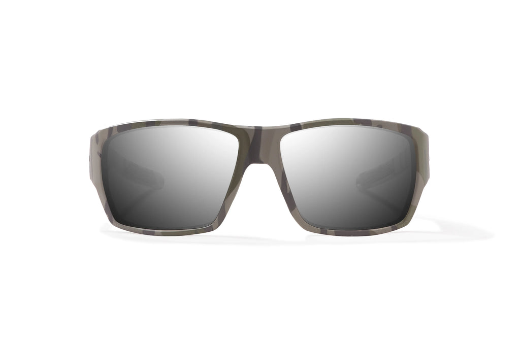 Front view of Army Green Bottomlands Vega in collaboration with Mossy Oak x Bajio wide body sunglasses, bio-based nylon frames with silver mirror polarized lenses, full wrap, large fit, premium built in sun ledge and flex hinges, ideal for fishing and outdoor use.