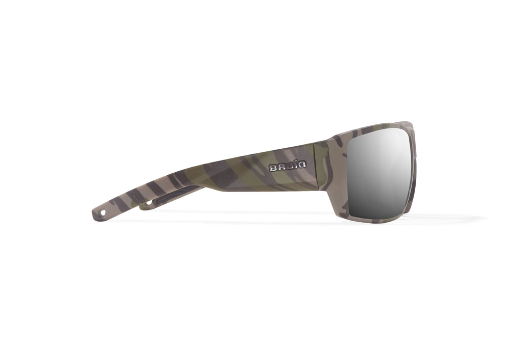 Side view of Army Green Bottomlands Vega in collaboration with Mossy Oak x Bajio wide body sunglasses, bio-based nylon frames with silver mirror polarized lenses, full wrap, large fit, premium built in sun ledge and flex hinges, ideal for fishing and outdoor use.