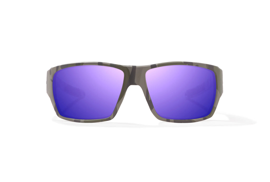 Front view of Army Green Bottomlands Vega in collaboration with Mossy Oak x Bajio wide body sunglasses, bio-based nylon frames with violet mirror polarized lenses, full wrap, large fit, premium built in sun ledge and flex hinges, ideal for fishing and outdoor use.