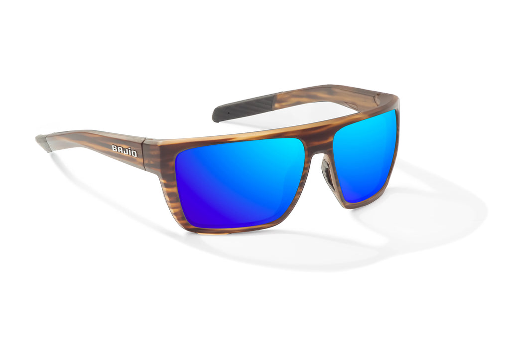 Angled view of Brown Grass Matte Zapata Bajio tight line sunglasses, bio-based nylon frames with blue mirror polarized lenses, full wrap, extra large fit, premium built in sun ledge and flex hinges, ideal for fishing and outdoor use.
