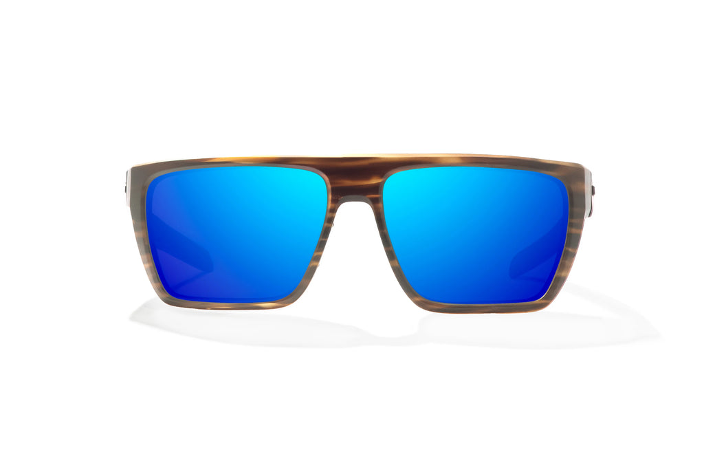 Front view of Brown Grass Matte Zapata Bajio tight line sunglasses, bio-based nylon frames with blue mirror polarized lenses, full wrap, extra large fit, premium built in sun ledge and flex hinges, ideal for fishing and outdoor use.