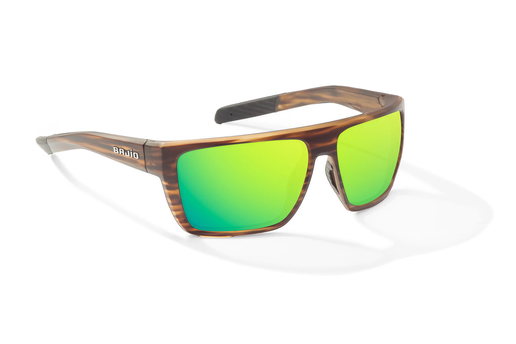 Angled view of Brown Grass Matte Zapata Bajio tight line sunglasses, bio-based nylon frames with green mirror polarized lenses, full wrap, extra large fit, premium built in sun ledge and flex hinges, ideal for fishing and outdoor use.