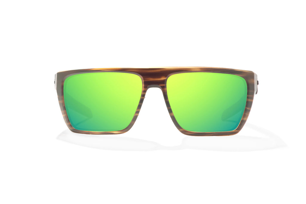 Front view of Brown Grass Matte Zapata Bajio tight line sunglasses, bio-based nylon frames with green mirror polarized lenses, full wrap, extra large fit, premium built in sun ledge and flex hinges, ideal for fishing and outdoor use.