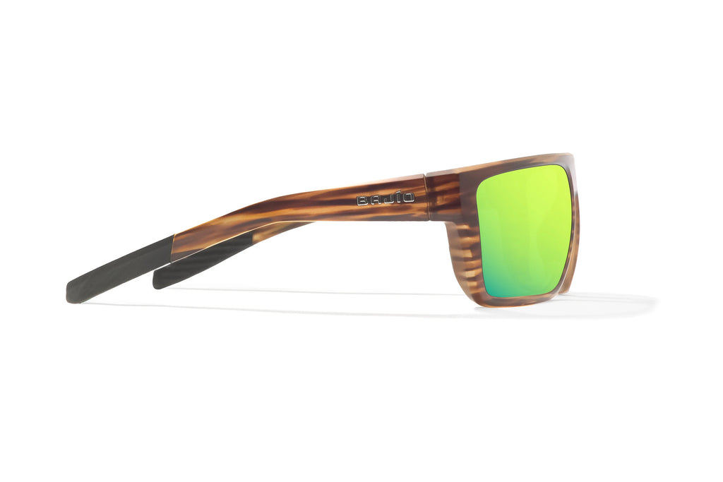 Side view of Brown Grass Matte Zapata Bajio tight line sunglasses, bio-based nylon frames with green mirror polarized lenses, full wrap, extra large fit, premium built in sun ledge and flex hinges, ideal for fishing and outdoor use.