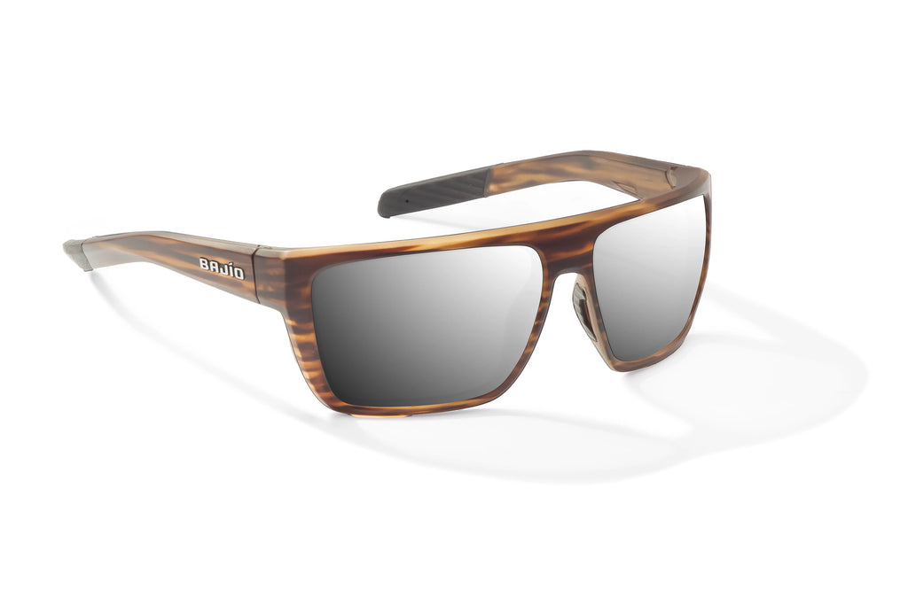 Angled view of Brown Grass Matte Zapata Bajio tight line sunglasses, bio-based nylon frames with silver mirror polarized lenses, full wrap, extra large fit, premium built in sun ledge and flex hinges, ideal for fishing and outdoor use.