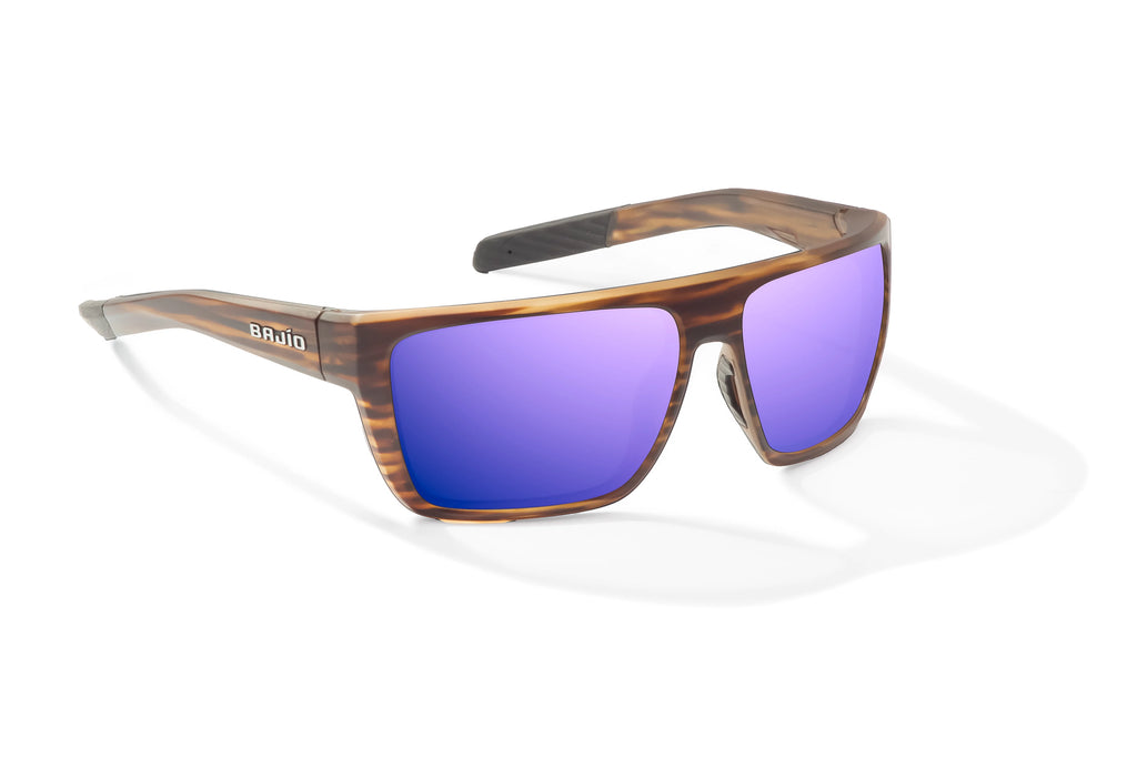 Angled view of Brown Grass Matte Zapata Bajio tight line sunglasses, bio-based nylon frames with violet mirror polarized lenses, full wrap, extra large fit, premium built in sun ledge and flex hinges, ideal for fishing and outdoor use.