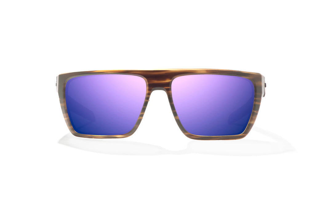 Front view of Brown Grass Matte Zapata Bajio tight line sunglasses, bio-based nylon frames with violet mirror polarized lenses, full wrap, extra large fit, premium built in sun ledge and flex hinges, ideal for fishing and outdoor use.