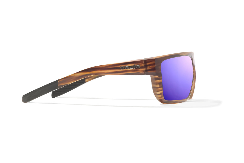 Side view of Brown Grass Matte Zapata Bajio tight line sunglasses, bio-based nylon frames with violet mirror polarized lenses, full wrap, extra large fit, premium built in sun ledge and flex hinges, ideal for fishing and outdoor use.