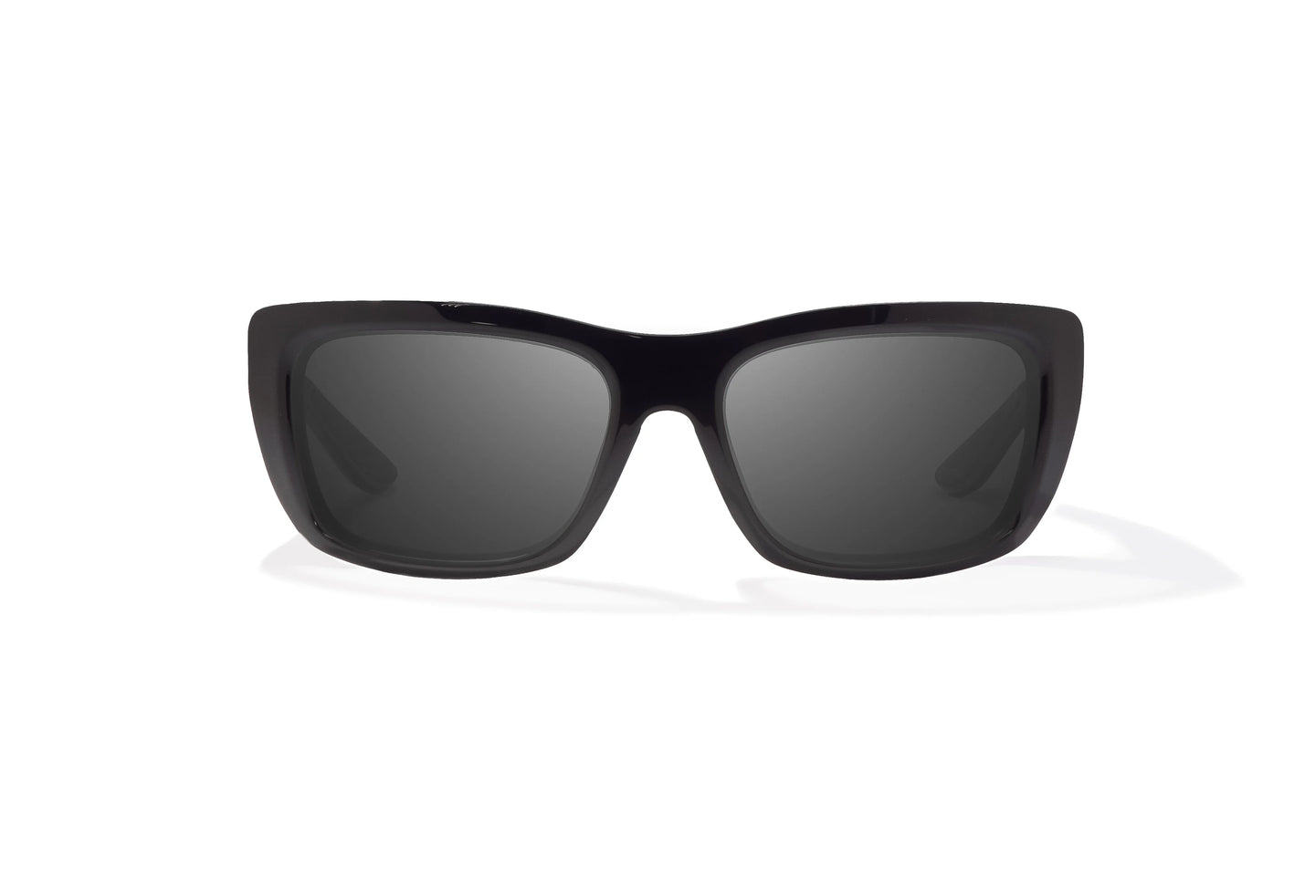 Front view of Black Gloss Annette Bajio wide body sunglasses, bio-based nylon frames with gray polarized lenses, full wrap, small fit, premium built in sun ledge and flex hinges, ideal for fishing and outdoor use.