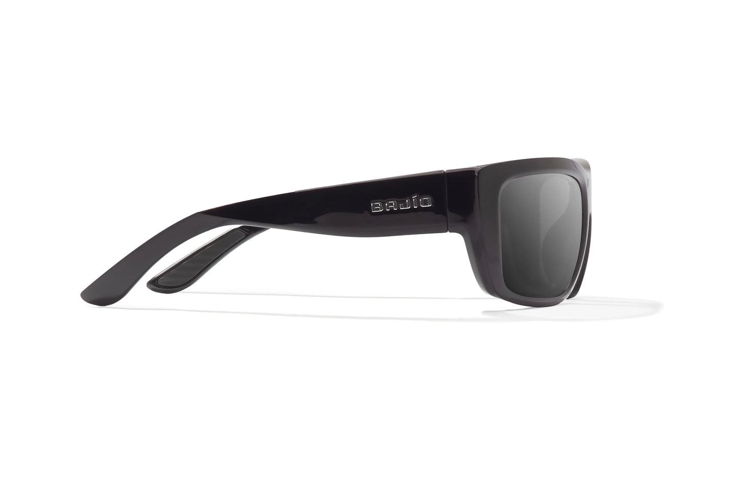 Side view of Black Gloss Annette Bajio wide body sunglasses, bio-based nylon frames with gray polarized lenses, full wrap, small fit, premium built in sun ledge and flex hinges, ideal for fishing and outdoor use.