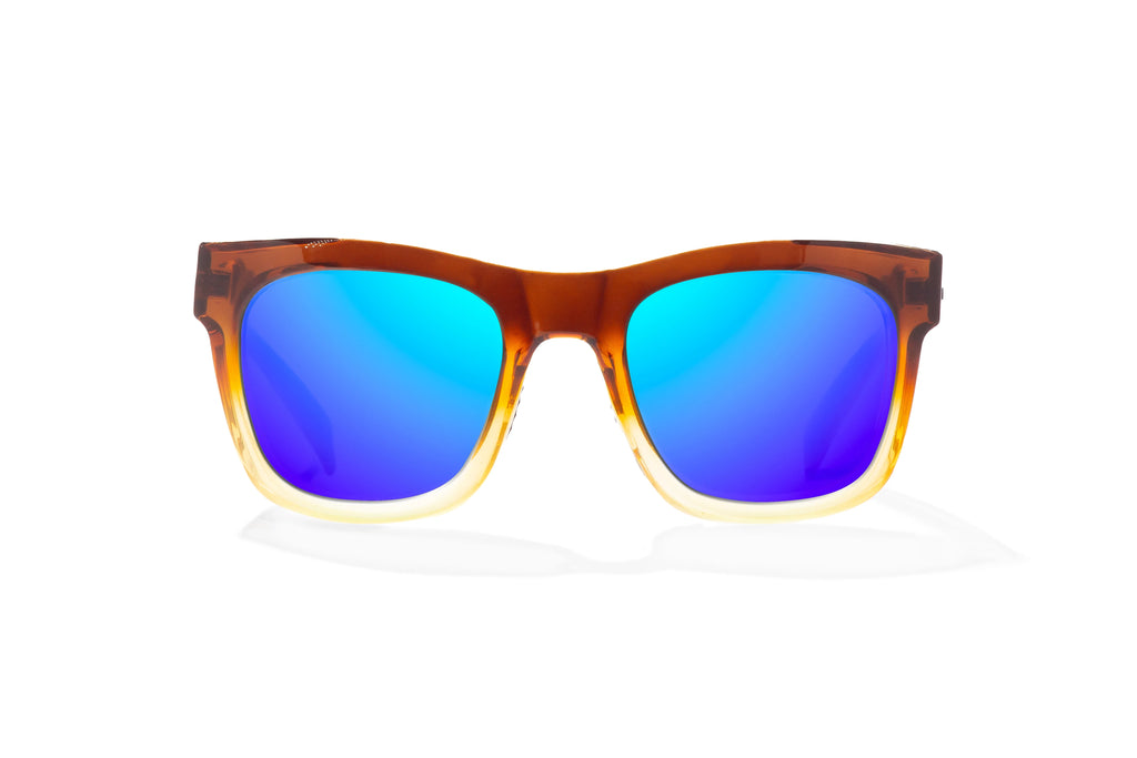 Front view of Brown Green Sky Gloss Cometa Bajio beach sunglasses, bio-based nylon frames with blue mirror polarized lenses, medium wrap, medium  fit premium, built in sun ledge and sturdy barrel hinges, ideal for fishing and outdoor use.