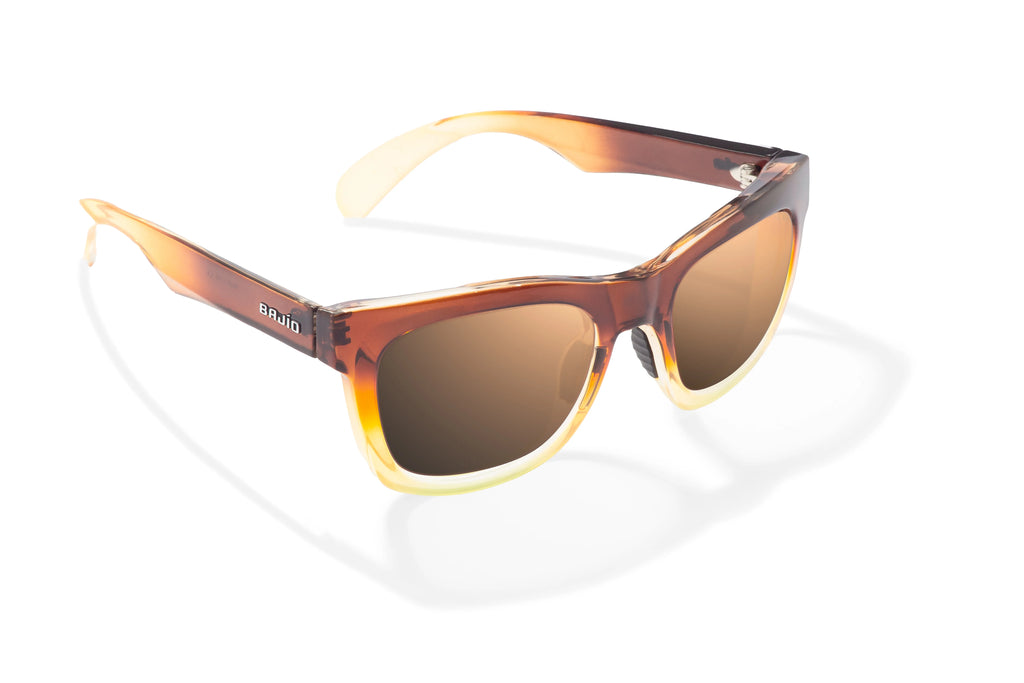 Angled view of Brown Green Sky Gloss Cometa Bajio beach sunglasses, bio-based nylon frames with copper polarized lenses, medium wrap, medium fit premium, built in sun ledge and sturdy barrel hinges, ideal for fishing and outdoor use.