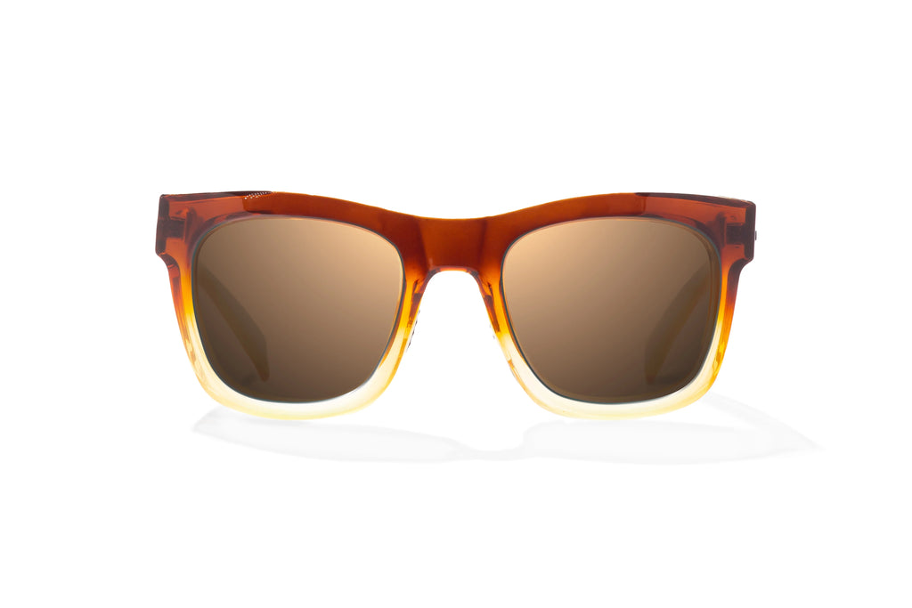 Front view of Brown Green Sky Gloss Cometa Bajio beach sunglasses, bio-based nylon frames with copper polarized lenses, medium wrap, medium fit premium, built in sun ledge and sturdy barrel hinges, ideal for fishing and outdoor use.