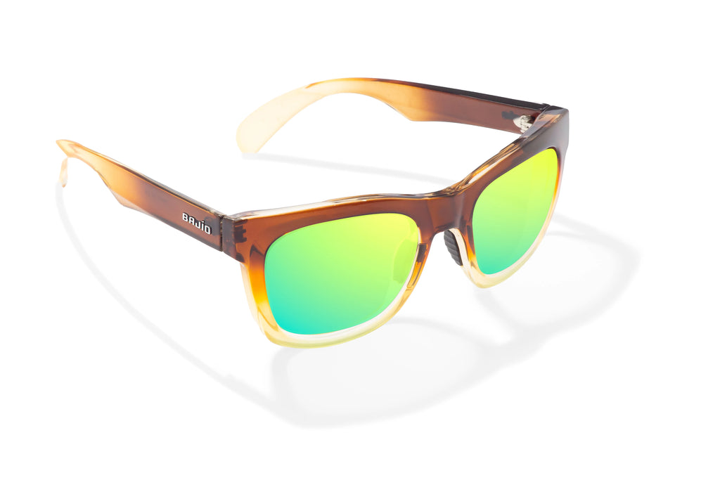 Angled view of Brown Green Sky Gloss Cometa Bajio beach sunglasses, bio-based nylon frames with green mirror polarized lenses, medium wrap, medium fit premium, built in sun ledge and sturdy barrel hinges, ideal for fishing and outdoor use.