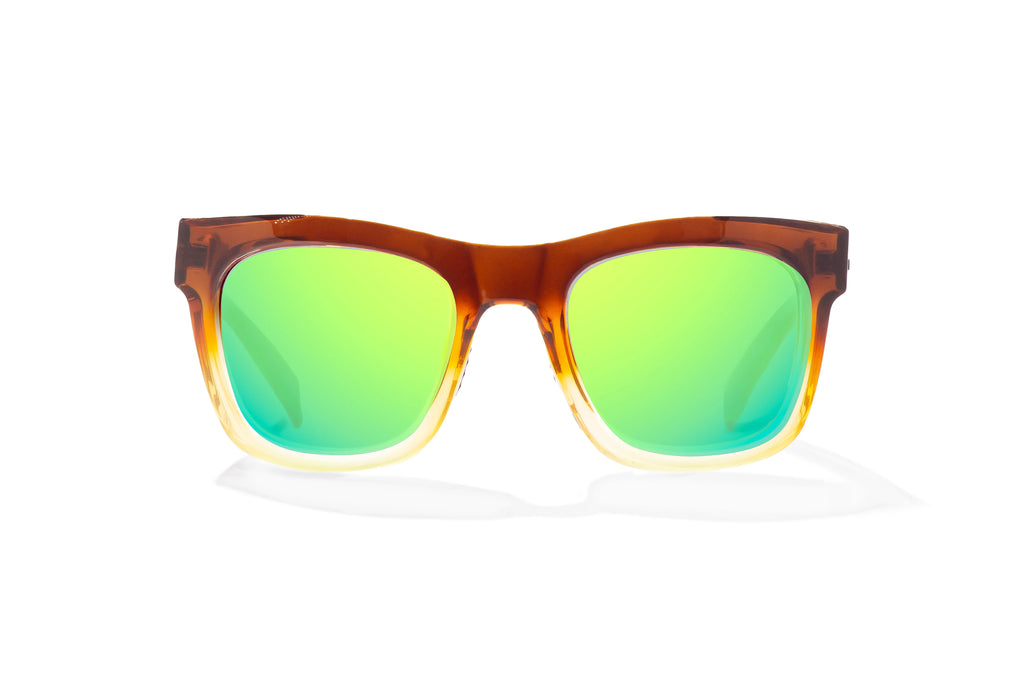 Front view of Brown Green Sky Gloss Cometa Bajio beach sunglasses, bio-based nylon frames with green mirror polarized lenses, medium wrap, medium fit premium, built in sun ledge and sturdy barrel hinges, ideal for fishing and outdoor use.