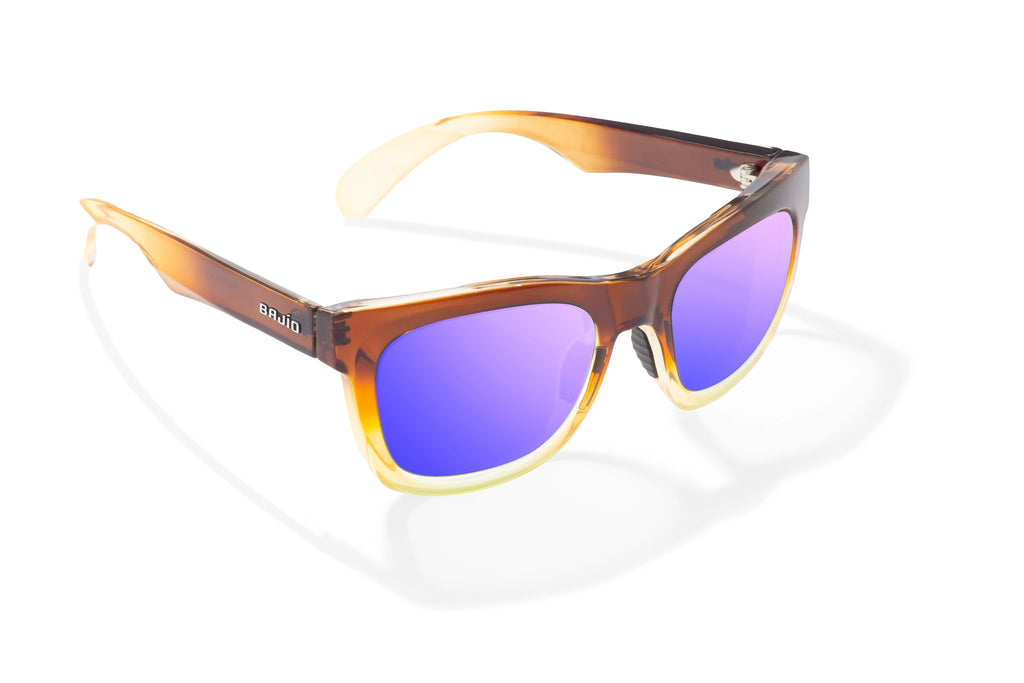 Angled view of Brown Green Sky Gloss Cometa Bajio beach sunglasses, bio-based nylon frames with violet mirror polarized lenses, medium wrap, medium fit premium, built in sun ledge and sturdy barrel hinges, ideal for fishing and outdoor use.