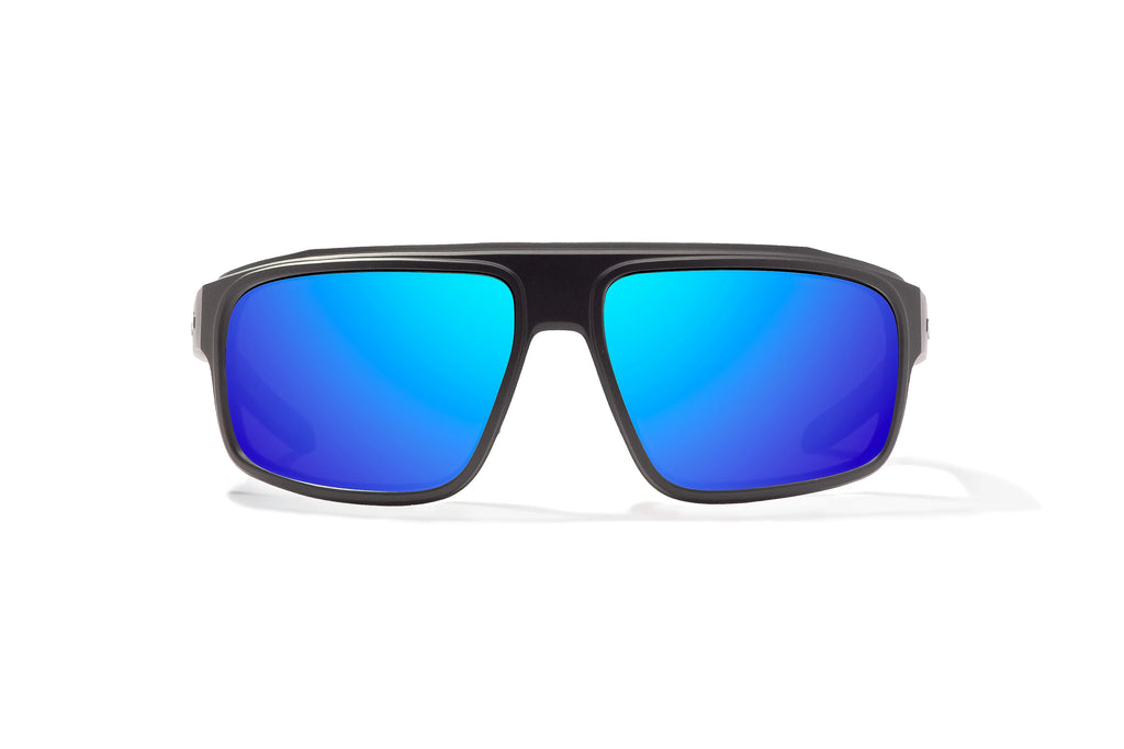 Front view of Black Matte Greenland Bajio tech angler sunglasses, bio-based nylon frames with blue mirror polarized lenses, full wrap, large fit, premium built in sun ledge and flex hinges, ideal for fishing and outdoor use.