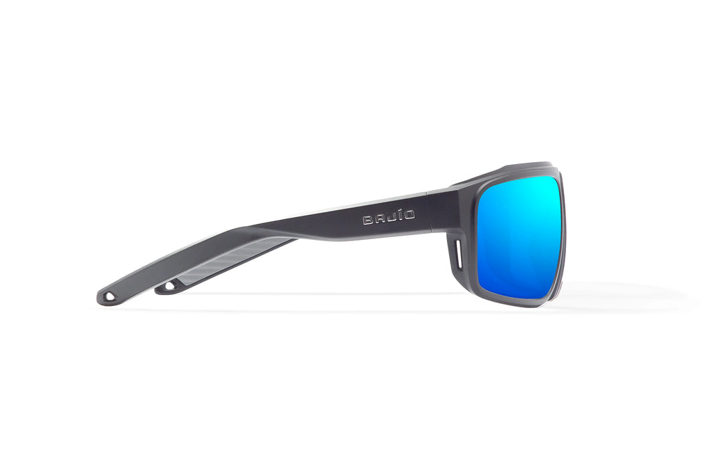 Side view of Black Matte Greenland Bajio tech angler sunglasses, bio-based nylon frames with blue mirror polarized lenses, full wrap, large fit, premium built in sun ledge and flex hinges, ideal for fishing and outdoor use.