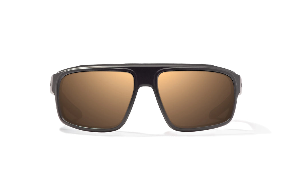 Front view of Black Matte Greenland Bajio tech angler sunglasses, bio-based nylon frames with copper polarized lenses, full wrap, large fit, premium built in sun ledge and flex hinges, ideal for fishing and outdoor use.