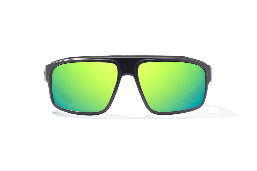 Front view of Black Matte Greenland Bajio tech angler sunglasses, bio-based nylon frames with green mirror polarized lenses, full wrap, large fit, premium built in sun ledge and flex hinges, ideal for fishing and outdoor use.