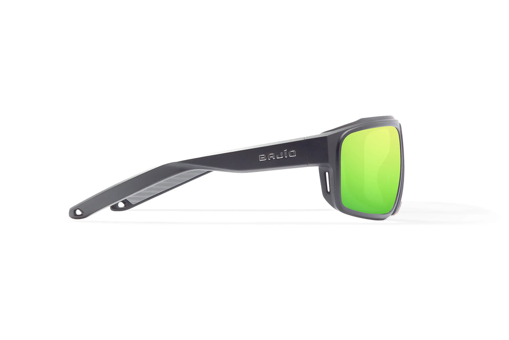 Side view of Black Matte Greenland Bajio tech angler sunglasses, bio-based nylon frames with green mirror polarized lenses, full wrap, large fit, premium built in sun ledge and flex hinges, ideal for fishing and outdoor use.