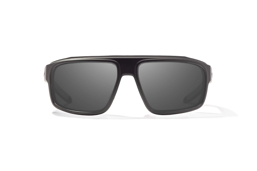 Front view of Black Matte Greenland Bajio tech angler sunglasses, bio-based nylon frames with gray polarized lenses, full wrap, large fit, premium built in sun ledge and flex hinges, ideal for fishing and outdoor use.