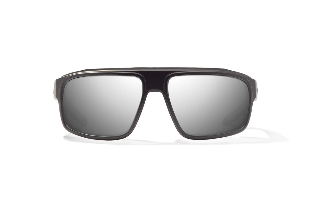 Front view of Black Matte Greenland Bajio tech angler sunglasses, bio-based nylon frames with silver mirror polarized lenses, full wrap, large fit, premium built in sun ledge and flex hinges, ideal for fishing and outdoor use.