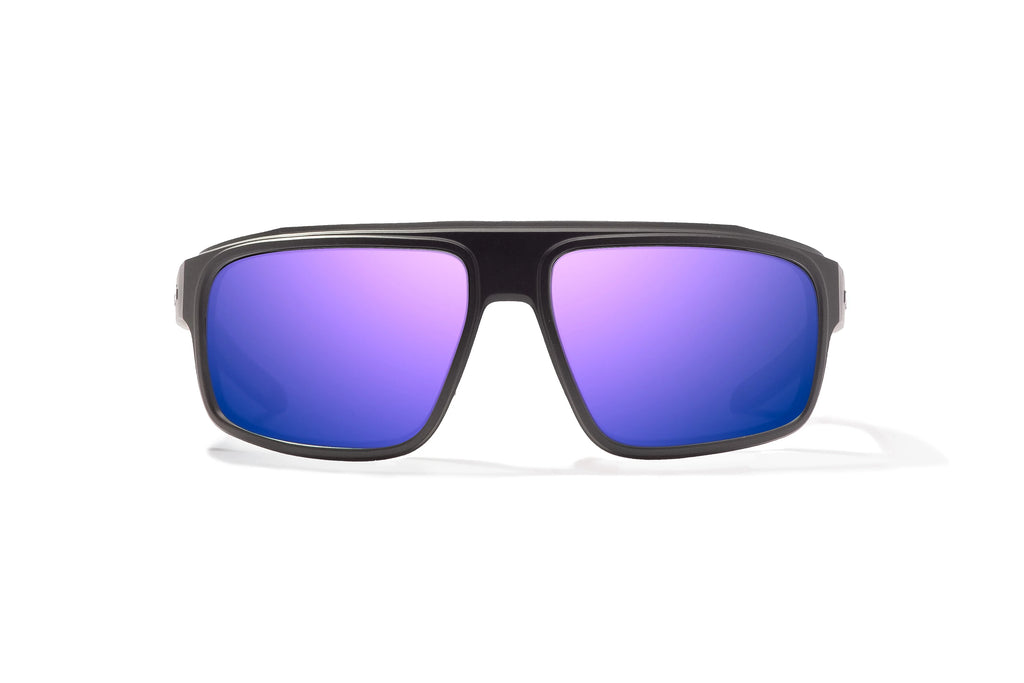 Front view of Black Matte Greenland Bajio tech angler sunglasses, bio-based nylon frames with violet mirror polarized lenses, full wrap, large fit, premium built in sun ledge and flex hinges, ideal for fishing and outdoor use.