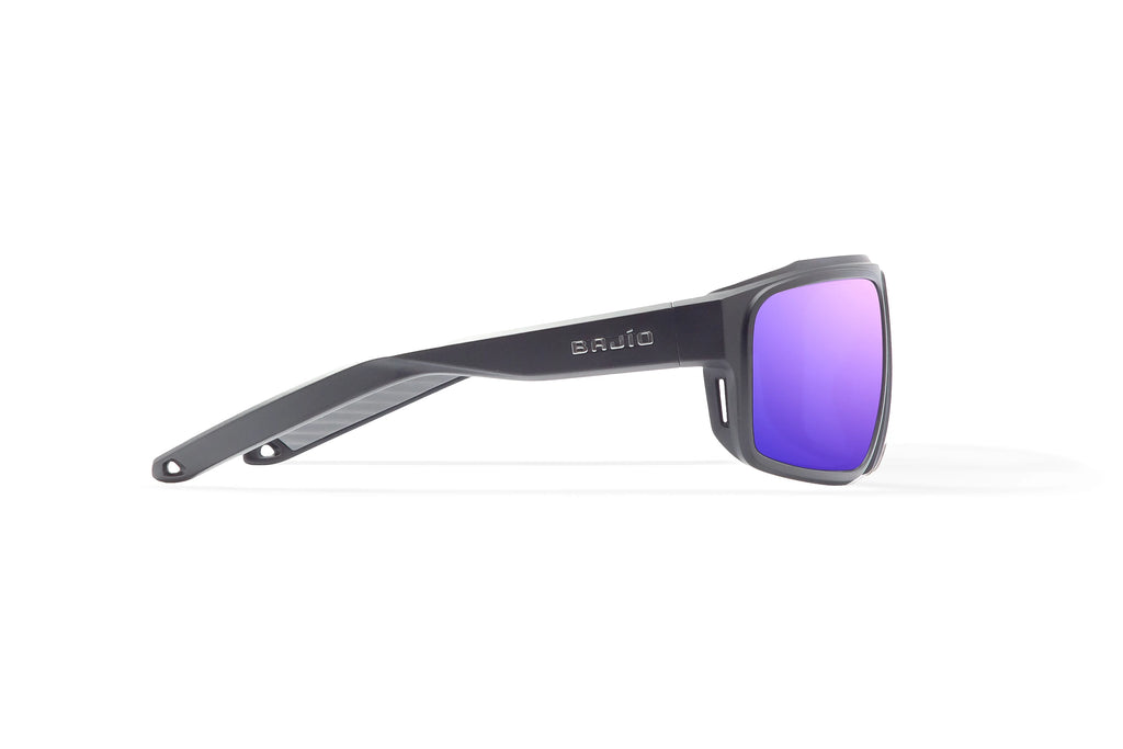 Side view of Black Matte Greenland Bajio tech angler sunglasses, bio-based nylon frames with violet mirror polarized lenses, full wrap, large fit, premium built in sun ledge and flex hinges, ideal for fishing and outdoor use.