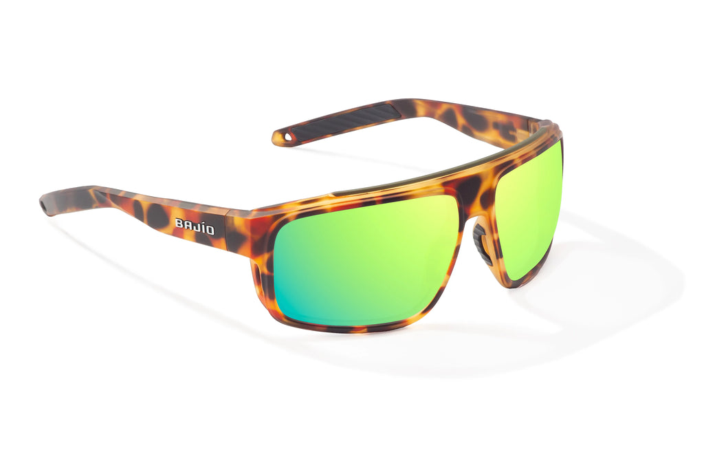 Angled view of Green Water Matte Greenland Bajio tech angler sunglasses, bio-based nylon frames with green mirror polarized lenses, full wrap, large fit, premium built in sun ledge and flex hinges, ideal for fishing and outdoor use.