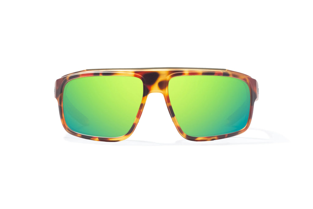 Front view of Green Water Matte Greenland Bajio tech angler sunglasses, bio-based nylon frames with green mirror polarized lenses, full wrap, large fit, premium built in sun ledge and flex hinges, ideal for fishing and outdoor use.