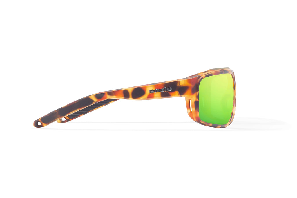 Side view of Green Water Matte Greenland Bajio tech angler sunglasses, bio-based nylon frames with green mirror polarized lenses, full wrap, large fit, premium built in sun ledge and flex hinges, ideal for fishing and outdoor use.