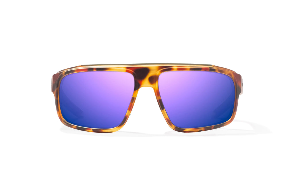 Front view of Green Water Matte Greenland Bajio tech angler sunglasses, bio-based nylon frames with violet mirror polarized lenses, full wrap, large fit, premium built in sun ledge and flex hinges, ideal for fishing and outdoor use.