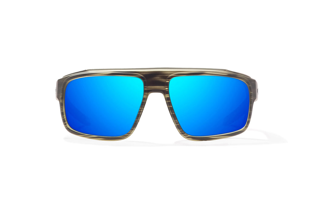 Front view of Gray Grass Matte Greenland Bajio tech angler sunglasses, bio-based nylon frames with blue mirror polarized lenses, full wrap, large fit, premium built in sun ledge and flex hinges, ideal for fishing and outdoor use.