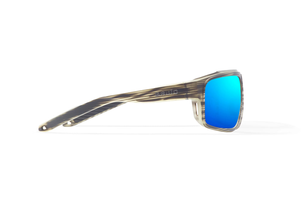 Side view of Gray Grass Matte Greenland Bajio tech angler sunglasses, bio-based nylon frames with blue mirror polarized lenses, full wrap, large fit, premium built in sun ledge and flex hinges, ideal for fishing and outdoor use.