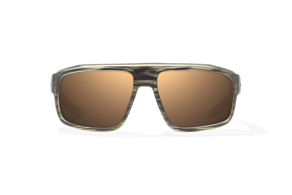 Front view of Gray Grass Matte Greenland Bajio tech angler sunglasses, bio-based nylon frames with copper polarized lenses, full wrap, large fit, premium built in sun ledge and flex hinges, ideal for fishing and outdoor use.