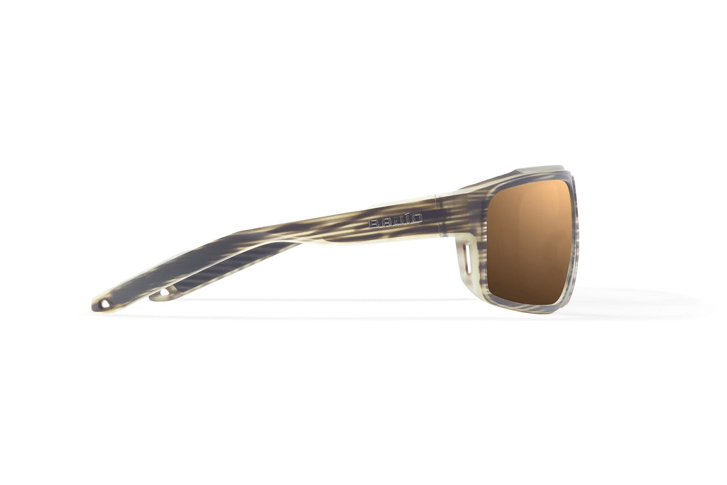 Side view of Gray Grass Matte Greenland Bajio tech angler sunglasses, bio-based nylon frames with copper polarized lenses, full wrap, large fit, premium built in sun ledge and flex hinges, ideal for fishing and outdoor use.