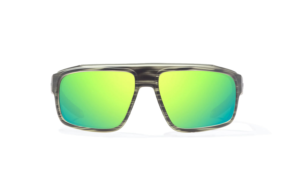 Front view of Gray Grass Matte Greenland Bajio tech angler sunglasses, bio-based nylon frames with green mirror polarized lenses, full wrap, large fit, premium built in sun ledge and flex hinges, ideal for fishing and outdoor use.