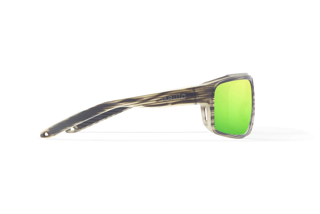 Side view of Gray Grass Matte Greenland Bajio tech angler sunglasses, bio-based nylon frames with green mirror polarized lenses, full wrap, large fit, premium built in sun ledge and flex hinges, ideal for fishing and outdoor use.