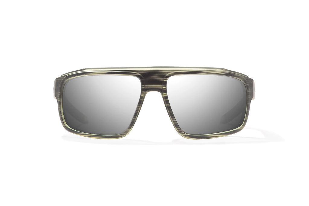 Front view of Gray Grass Matte Greenland Bajio tech angler sunglasses, bio-based nylon frames with silver mirror polarized lenses, full wrap, large fit, premium built in sun ledge and flex hinges, ideal for fishing and outdoor use.