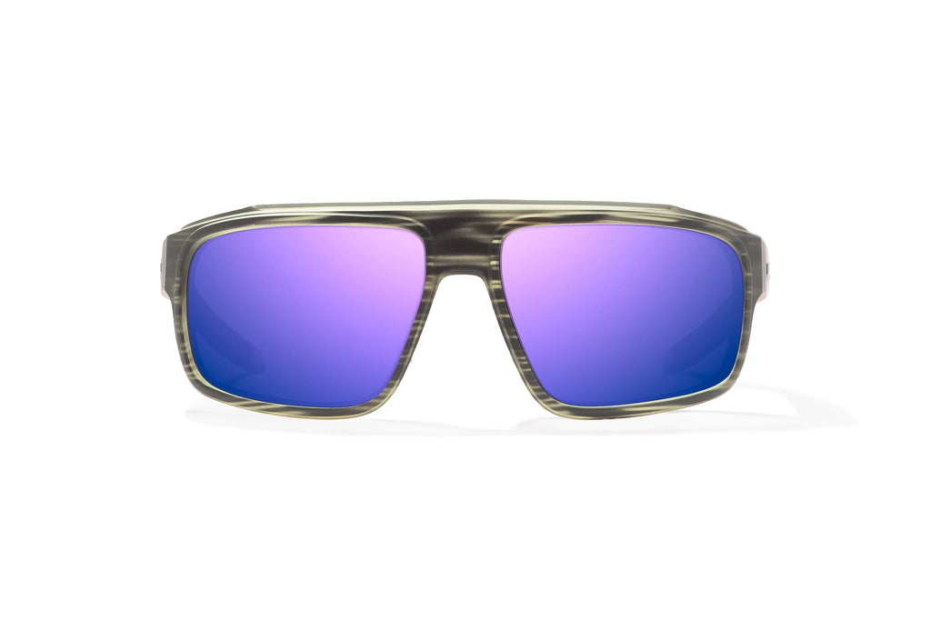 Front view of Gray Grass Matte Greenland Bajio tech angler sunglasses, bio-based nylon frames with violet mirror polarized lenses, full wrap, large fit, premium built in sun ledge and flex hinges, ideal for fishing and outdoor use.