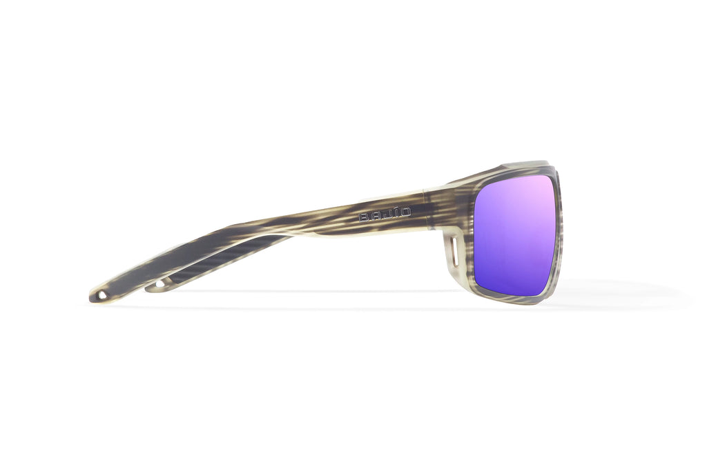 Side view of Gray Grass Matte Greenland Bajio tech angler sunglasses, bio-based nylon frames with violet mirror polarized lenses, full wrap, large fit, premium built in sun ledge and flex hinges, ideal for fishing and outdoor use.