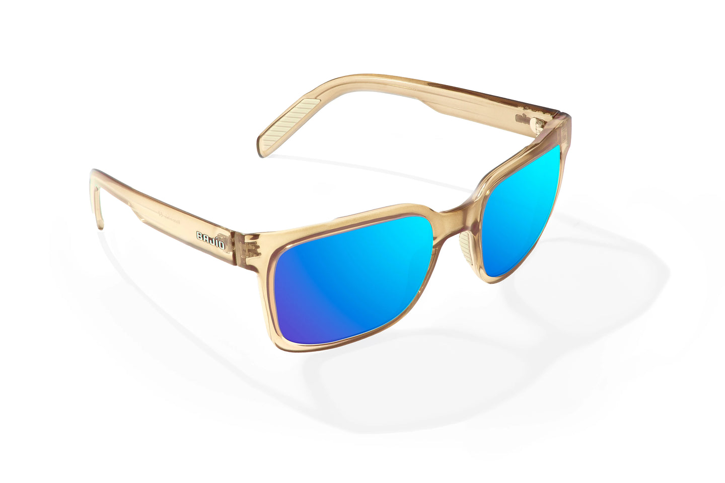 Angled view of Brown Glass Gloss Paila Bajio beach sunglasses, bio-based nylon frames with blue mirror polarized lenses, extra large fit premium, built in sun ledge and sturdy barrel hinges, ideal for fishing and outdoor use.