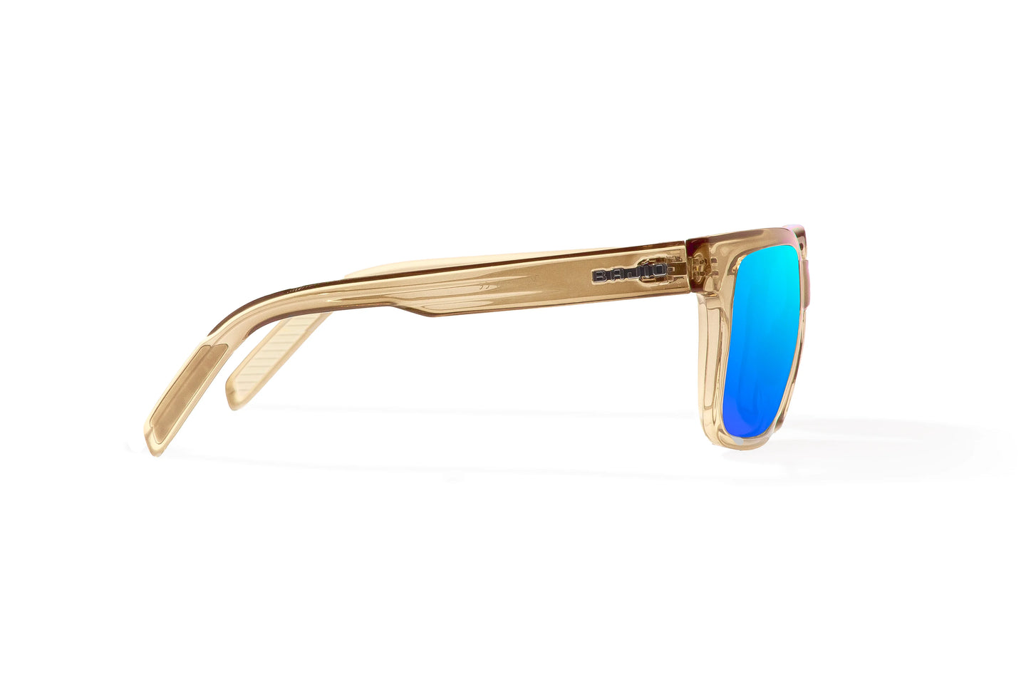 Side view of Brown Glass Gloss Paila Bajio beach sunglasses, bio-based nylon frames with blue mirror polarized lenses, extra large fit premium, built in sun ledge and sturdy barrel hinges, ideal for fishing and outdoor use.
